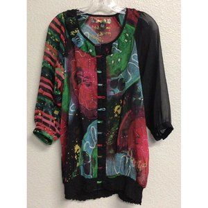 Desigual Womens Floral Sheer Blouse Size Large Elastic Waist Somewhere Rainbow